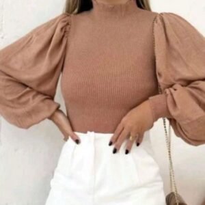 Blusa de Tricô Nude com Mangas Bufantes e Gola Alta